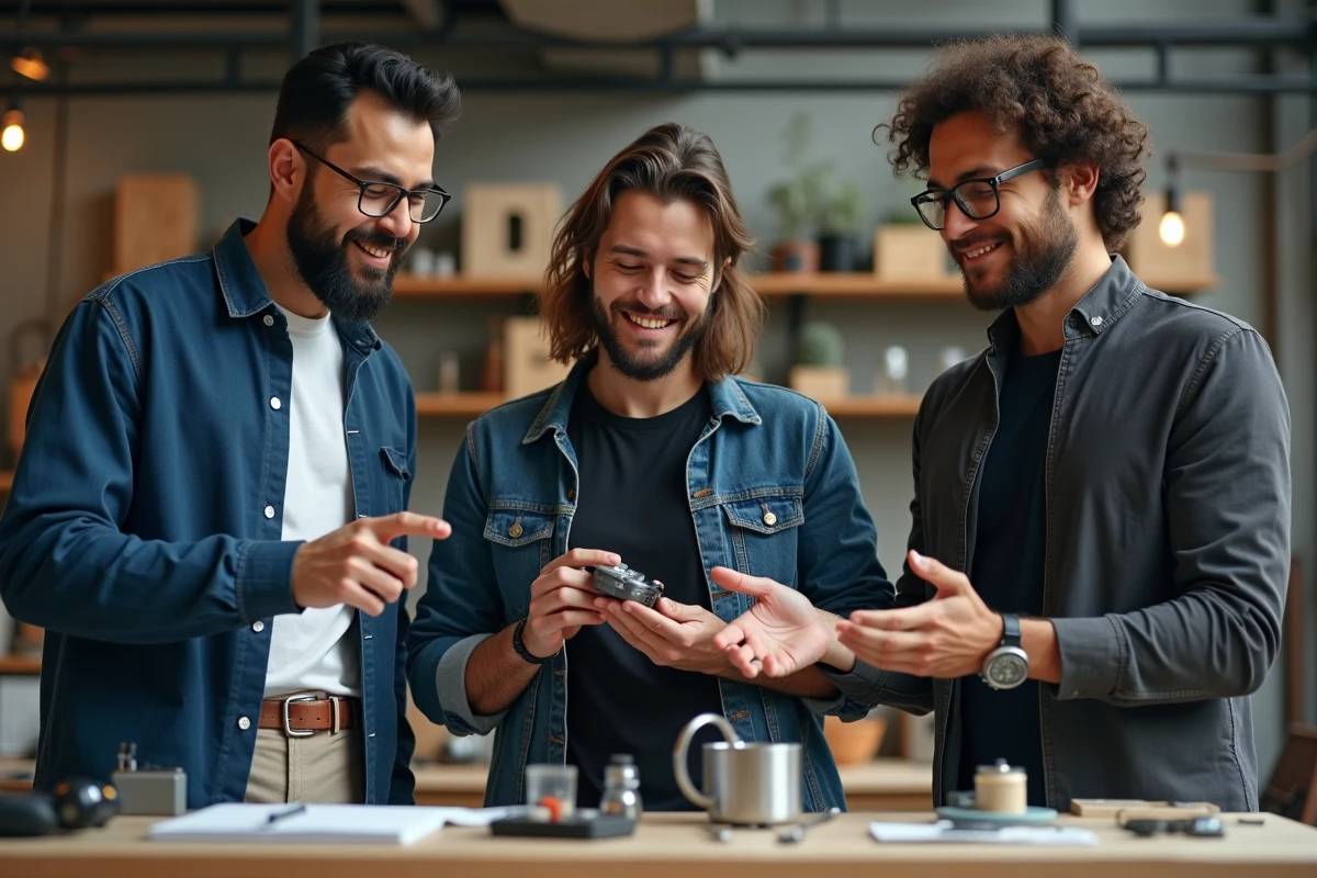 Groupe d inventeurs collaborant autour d un prototype dans un espace maker