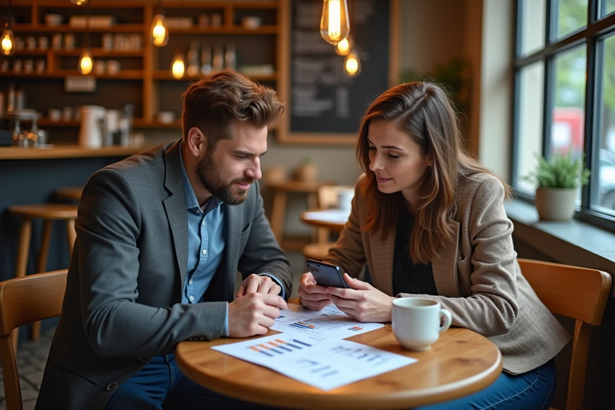 Deux entrepreneurs collaborant sur une stratégie commerciale économique autour d'une table de café avec des documents financiers