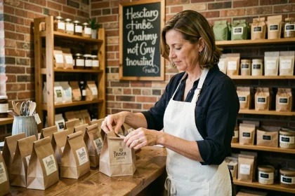 Commerçante indépendante arrangeant des sacs papier personnalisés sur le comptoir de sa boutique artisanale