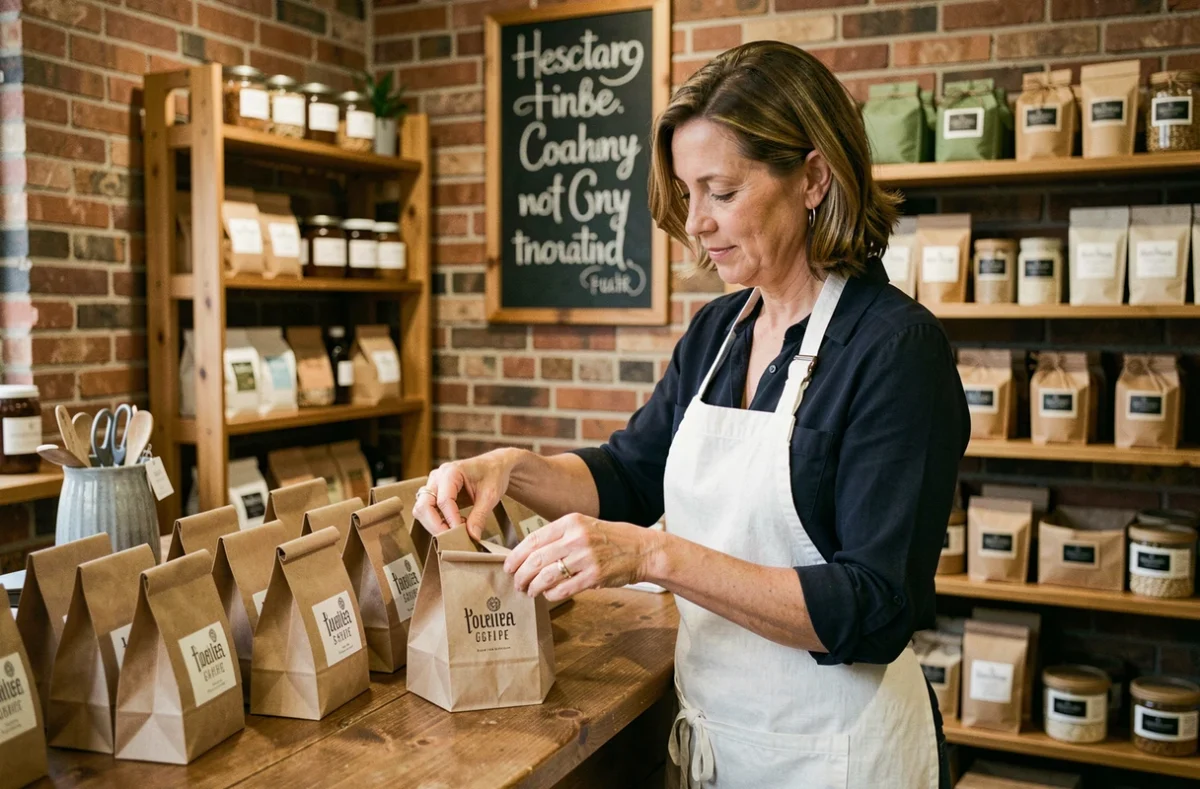 Commerçante indépendante arrangeant des sacs papier personnalisés sur le comptoir de sa boutique artisanale