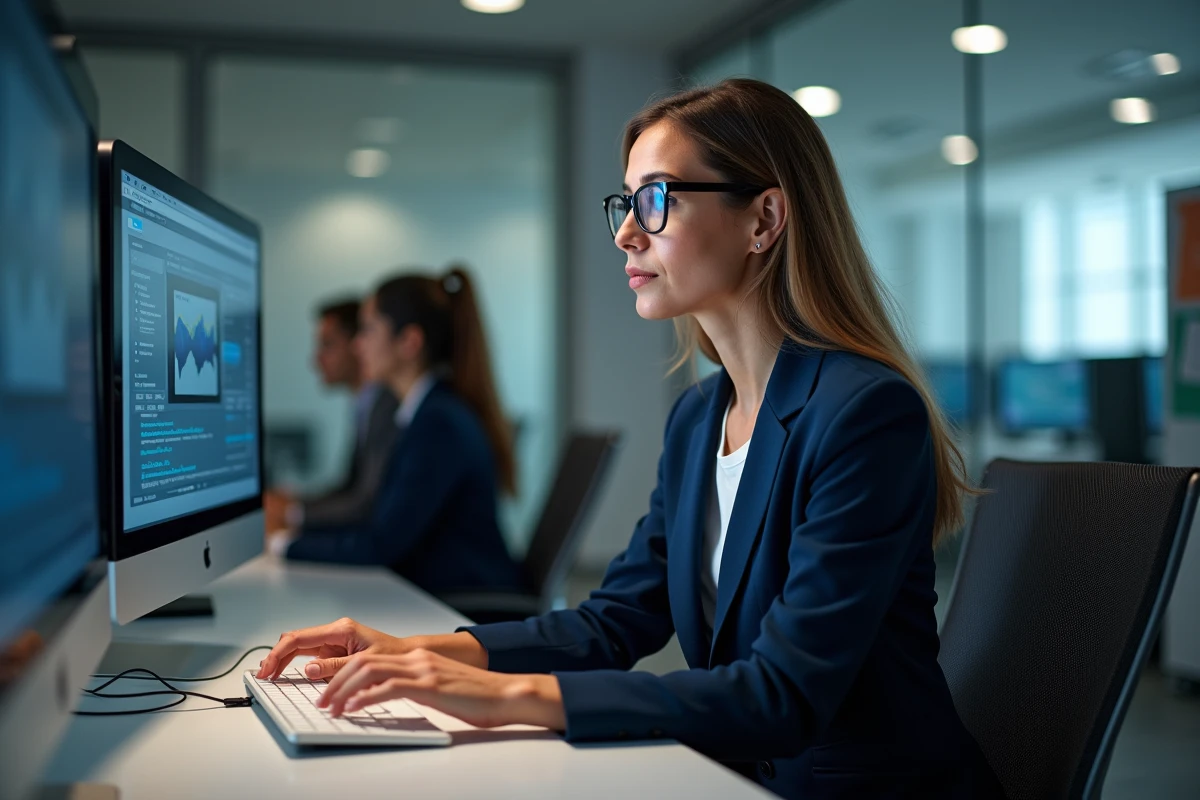 Professionnelle en agence comparant des outils de relations presse sur deux écrans dans un open space moderne