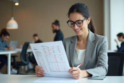 Comptable en entreprise vérifiant une fiche de paie avec annotations manuscrites pour corriger les erreurs de calcul des jours travaillés en 2026
