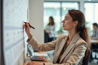 Femme professionnelle marquant des jours ouvrables sur un calendrier mural dans un bureau moderne en France