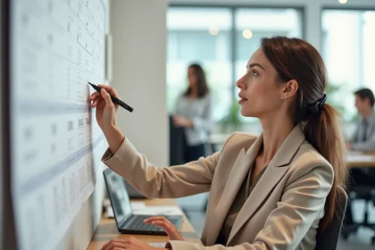 Femme professionnelle marquant des jours ouvrables sur un calendrier mural dans un bureau moderne en France
