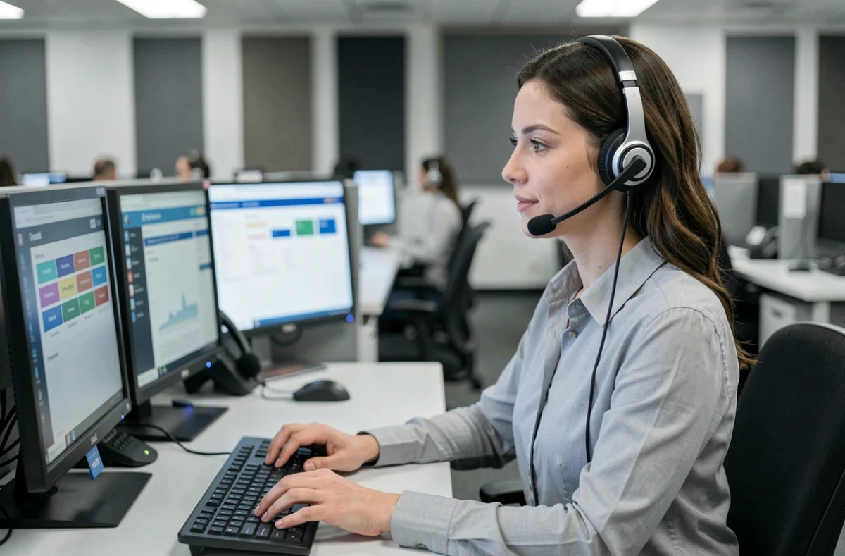 Conseillère du service client France Télécom avec casque audio dans un centre d'appels professionnel