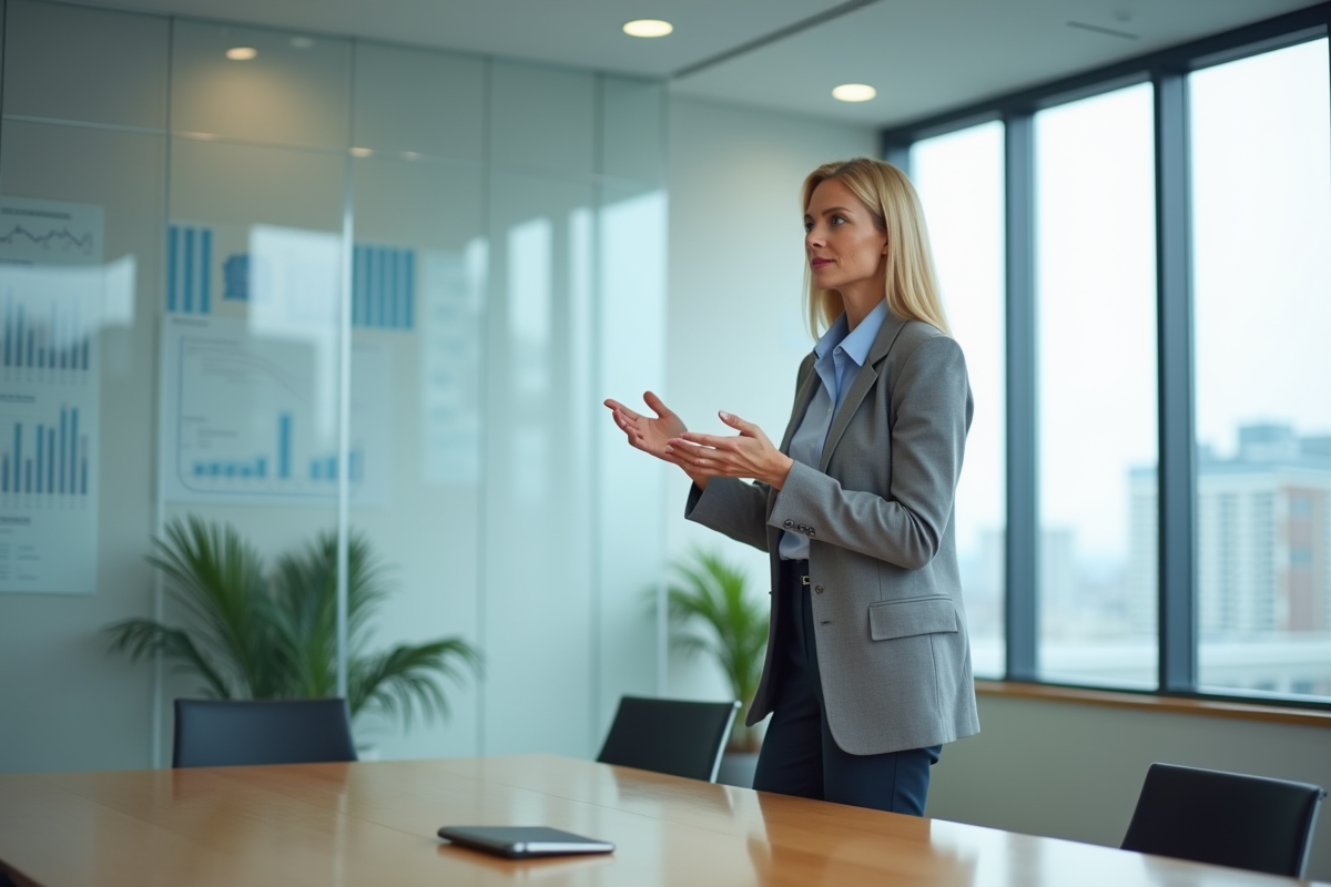 Femme conseillère financière expliquant des graphiques en salle de réunion