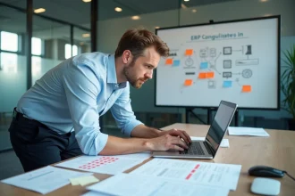 Consultant informatique analysant les erreurs de paramétrage d'un PGI GTA sur un bureau encombré de documents de configuration
