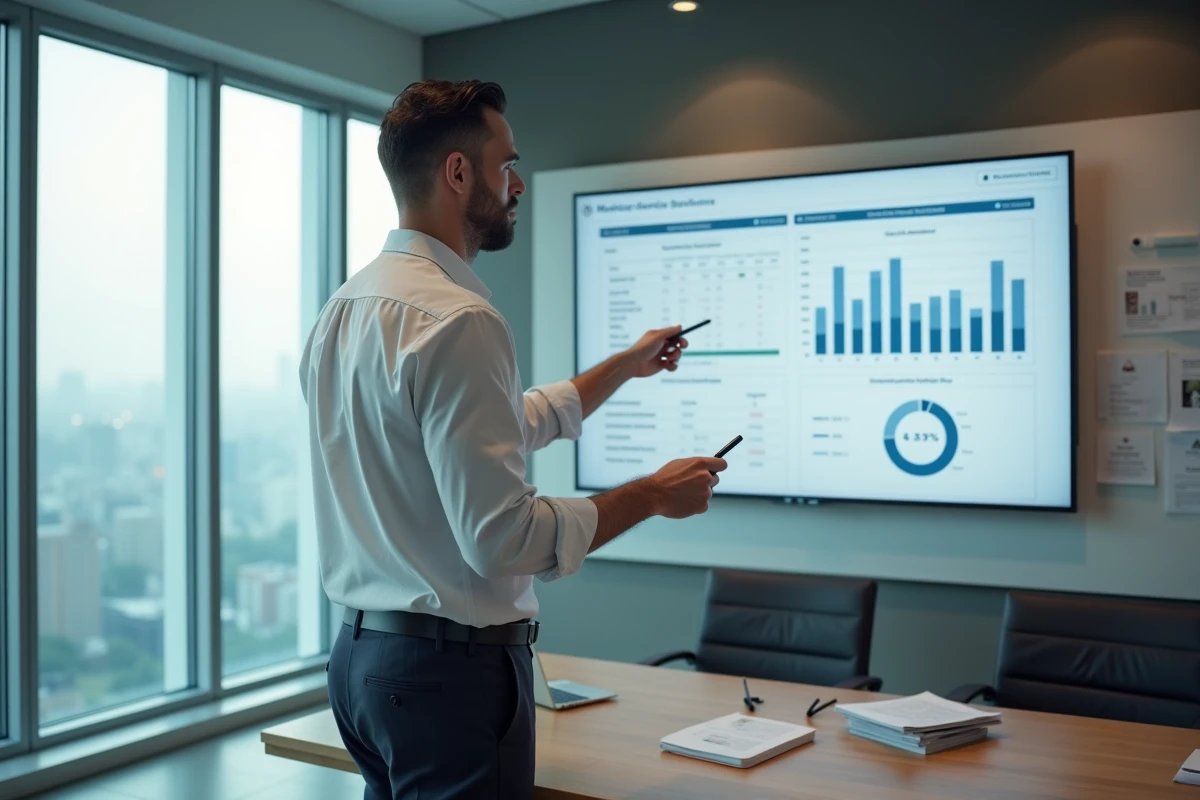 Consultant marketing présentant un tableau de bord de campagne médiatique et comparatif d'outils en salle de réunion