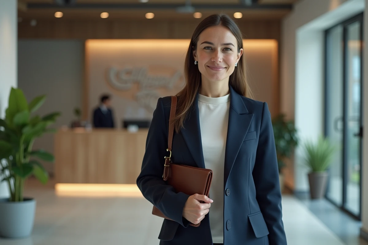 Consultante professionnelle entrant dans le hall d'accueil d'un établissement d'entreprise