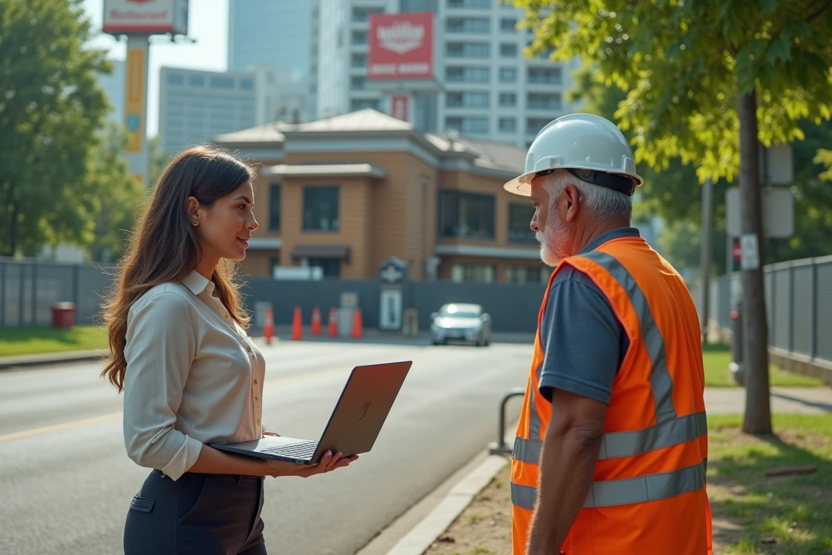 Jeune femme discutant avec un agent municipal dans un parc urbain