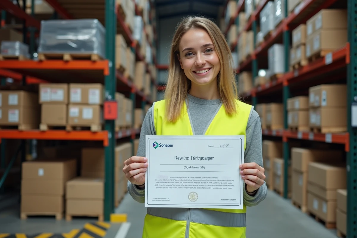 Coordinatrice logistique tenant un certificat de récompense devant des rayonnages d'entrepôt dans un centre de distribution Sonepar