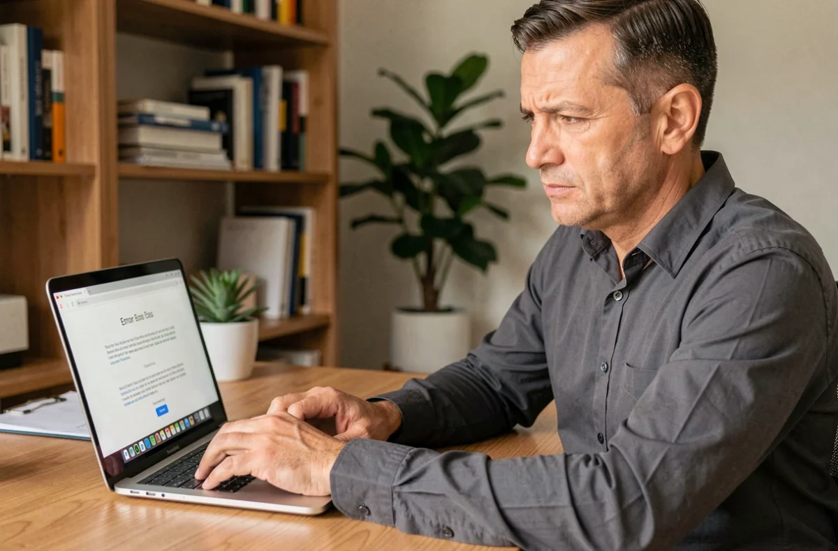 Homme au bureau à domicile corrigeant des informations de contact incorrectes sur un ordinateur portable