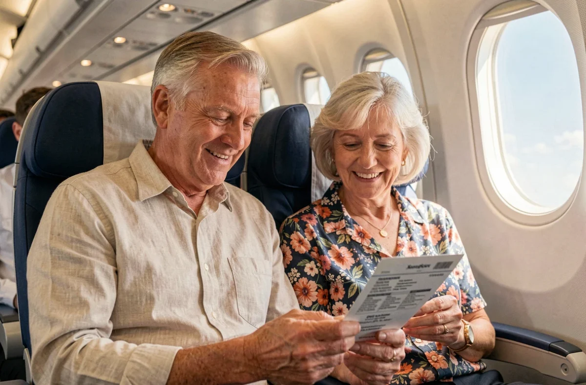 Couple de retraités Air France profitant de leurs avantages GPnet à bord d'un avion