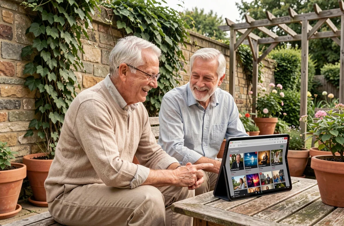 Un couple de retraités découvrant ensemble les offres de divertissement Easytvshop sur une tablette dans leur jardin