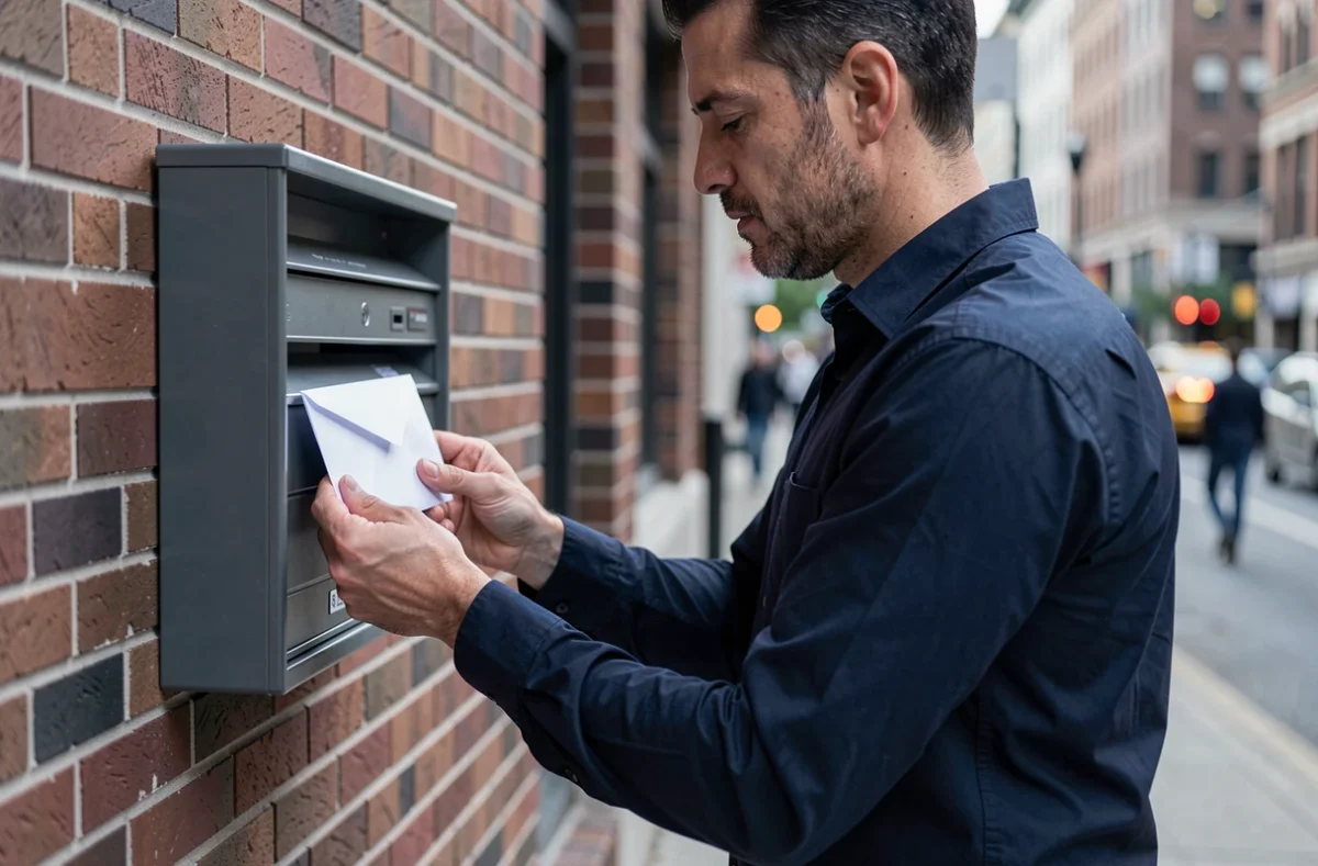 Homme déposant une lettre anonyme dans une boîte aux lettres professionnelle en milieu urbain