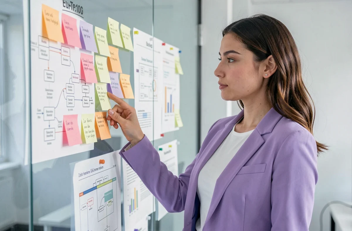 Designer UX de Digital Unicorn organisant des notes adhesives sur un mur en verre couvert de cartes de parcours utilisateur dans un studio moderne