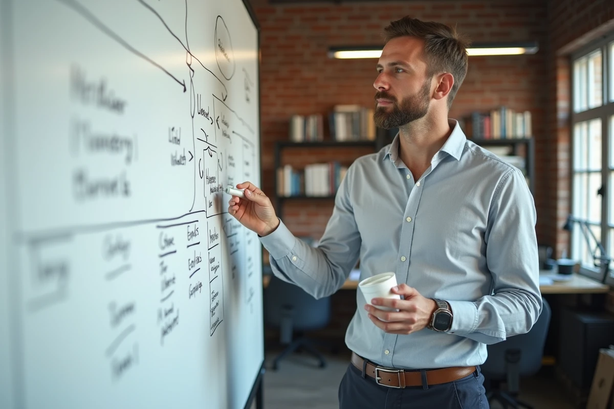 Directeur marketing expliquant un plan stratégique devant un tableau blanc avec schémas de stratégie de contenu dans un bureau d'agence moderne