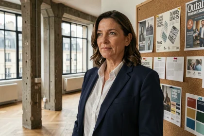 Directrice créative d'une agence de publicité parisienne devant un mur de références visuelles et d'affiches publicitaires dans un studio design