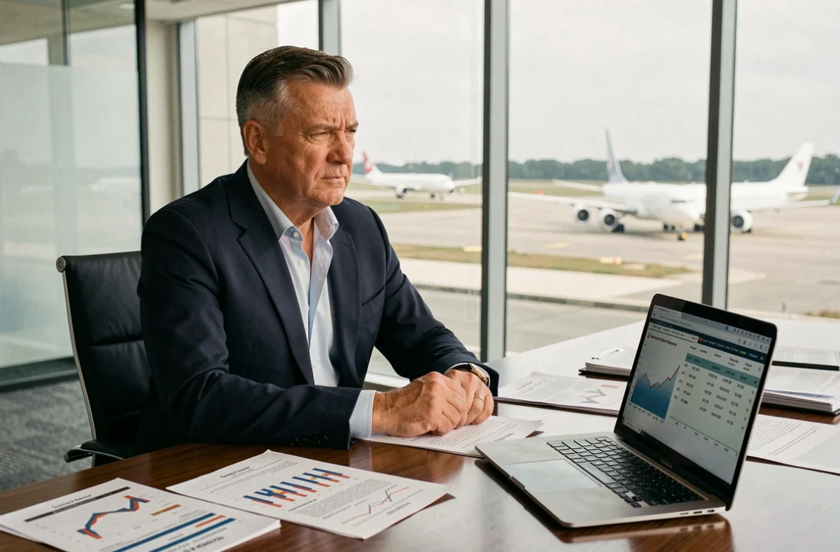 Dirigeant de l'industrie aéronautique analysant des rapports financiers dans une salle de réunion avec vue sur des pistes d'aéroport