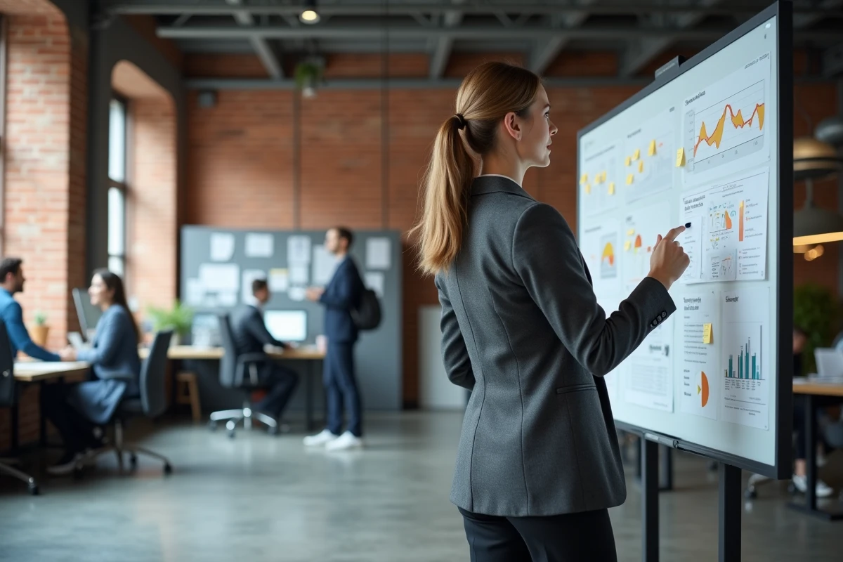 Femme dirigeante d'entreprise industrielle présentant une stratégie sur un tableau blanc numérique dans un open-space au style industriel