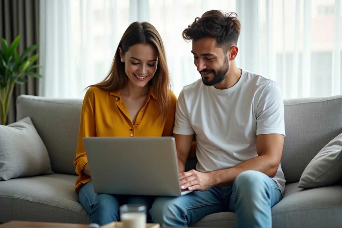 Deux personnes explorant ensemble un chatbot IA pour la première fois sur un canapé moderne