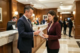 Manager homme et cheffe de réception femme dans un hôtel de luxe comparant leurs documents professionnels, illustrant les écarts de salaire dans l'hôtellerie
