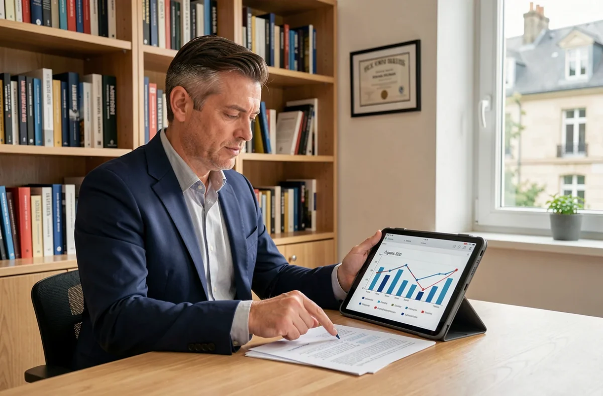 Consultant en stratégie SEO Emmanuel Bertin dans son bureau professionnel analysant des données de référencement naturel