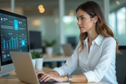 Employée utilisant un coffre-fort numérique sur son ordinateur portable dans un bureau moderne