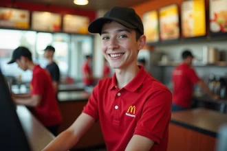 Jeune employé de 16 ans en uniforme rouge dans un fast-food prenant une commande au comptoir
