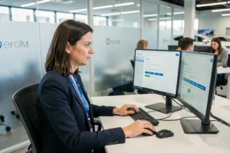 Employée Norauto consultant le tableau de bord sécurisé de l'intranet sur un poste de travail en open space professionnel