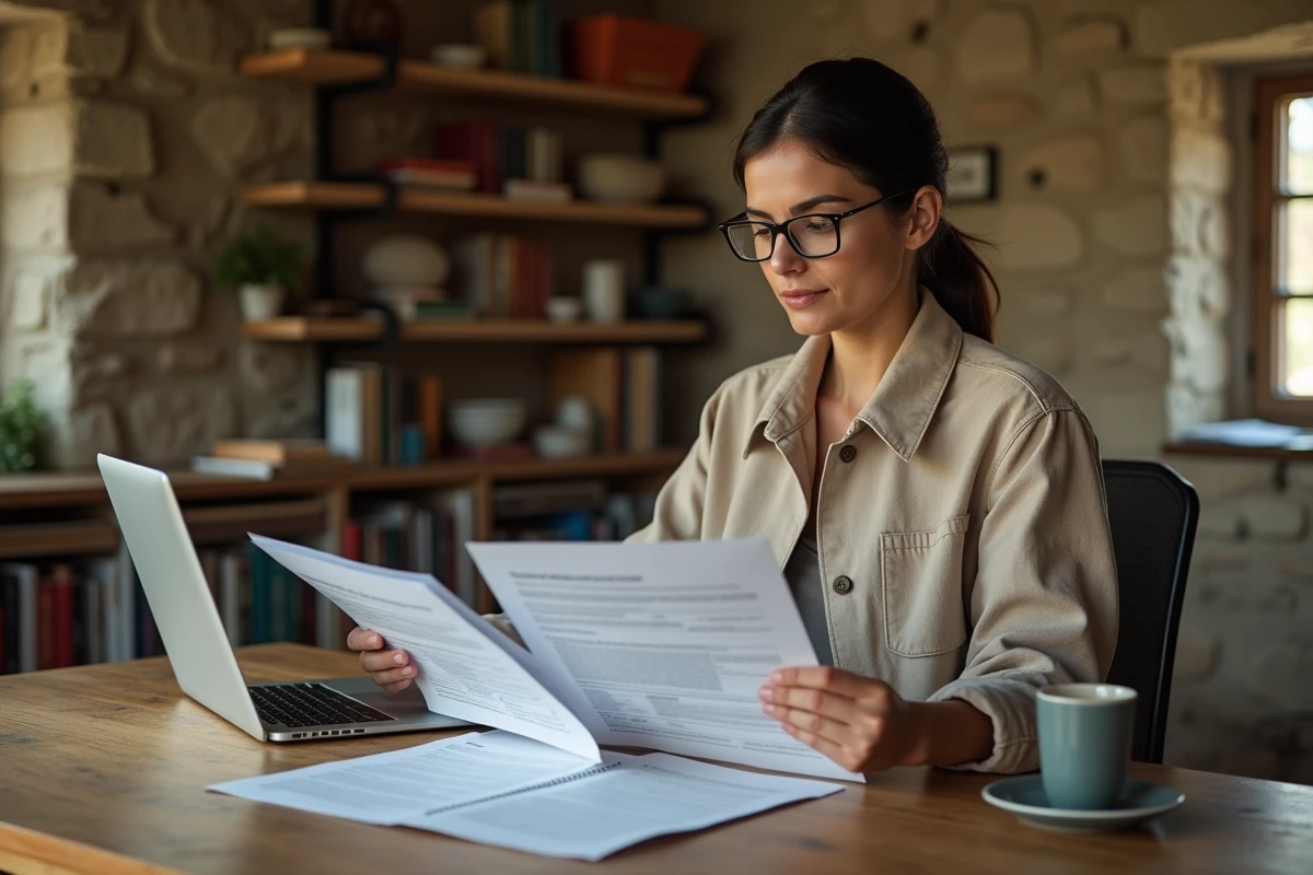 Femme entrepreneur agricole comparant des formulaires MSA et Urssaf dans un bureau de ferme rustique