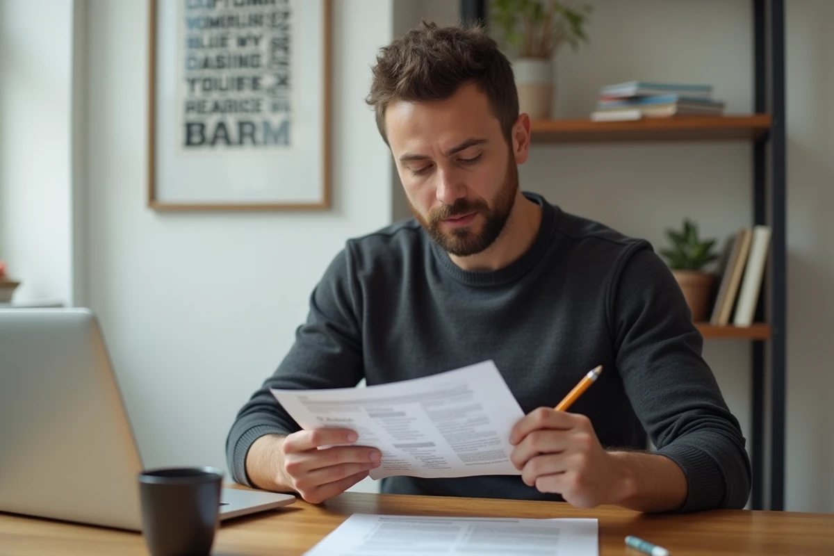 Entrepreneur analysant un document de stratégie de marque Why What How à son bureau