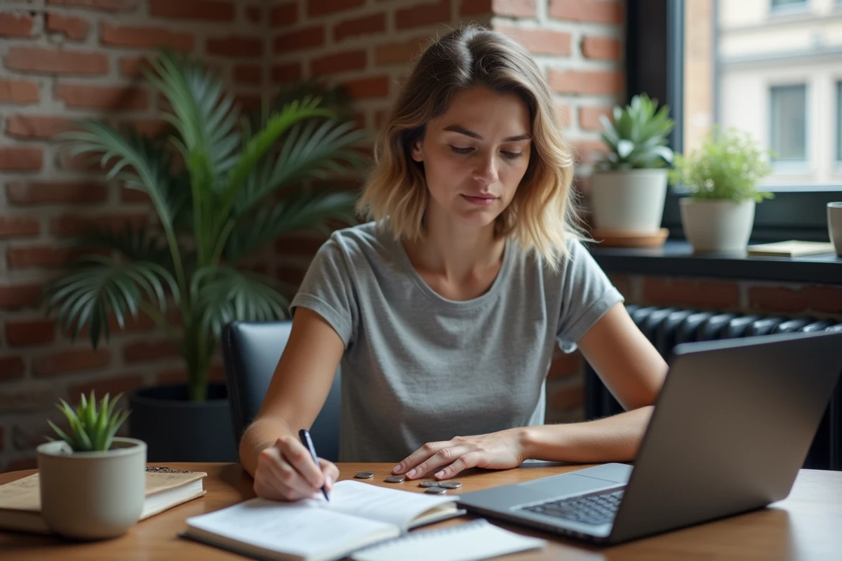 Femme entrepreneur travaillant sur un petit budget depuis son bureau à domicile avec des notes de gestion financière