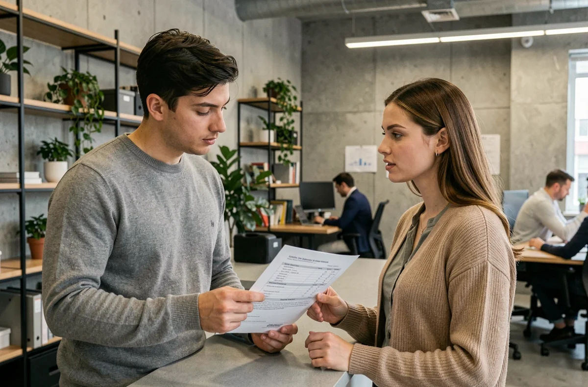 Deux jeunes entrepreneurs dans un espace de coworking discutant d'un extrait Sirene pour une démarche d'immatriculation
