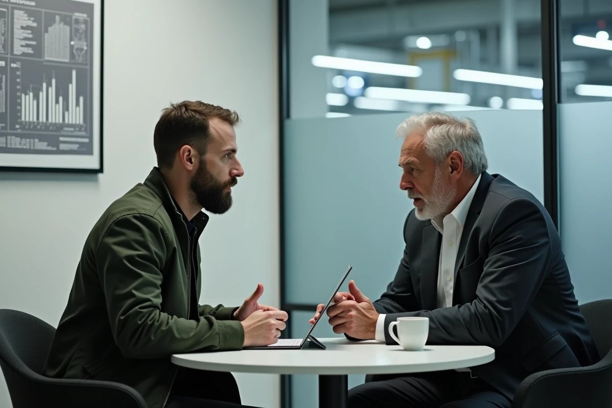 Deux entrepreneurs industriels en discussion stratégique autour d'un tableau de bord financier sur tablette dans une salle de réunion minimaliste avec vue sur atelier