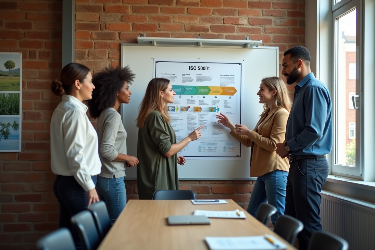 Équipe diverse collaborant sur un diagramme ISO 50001