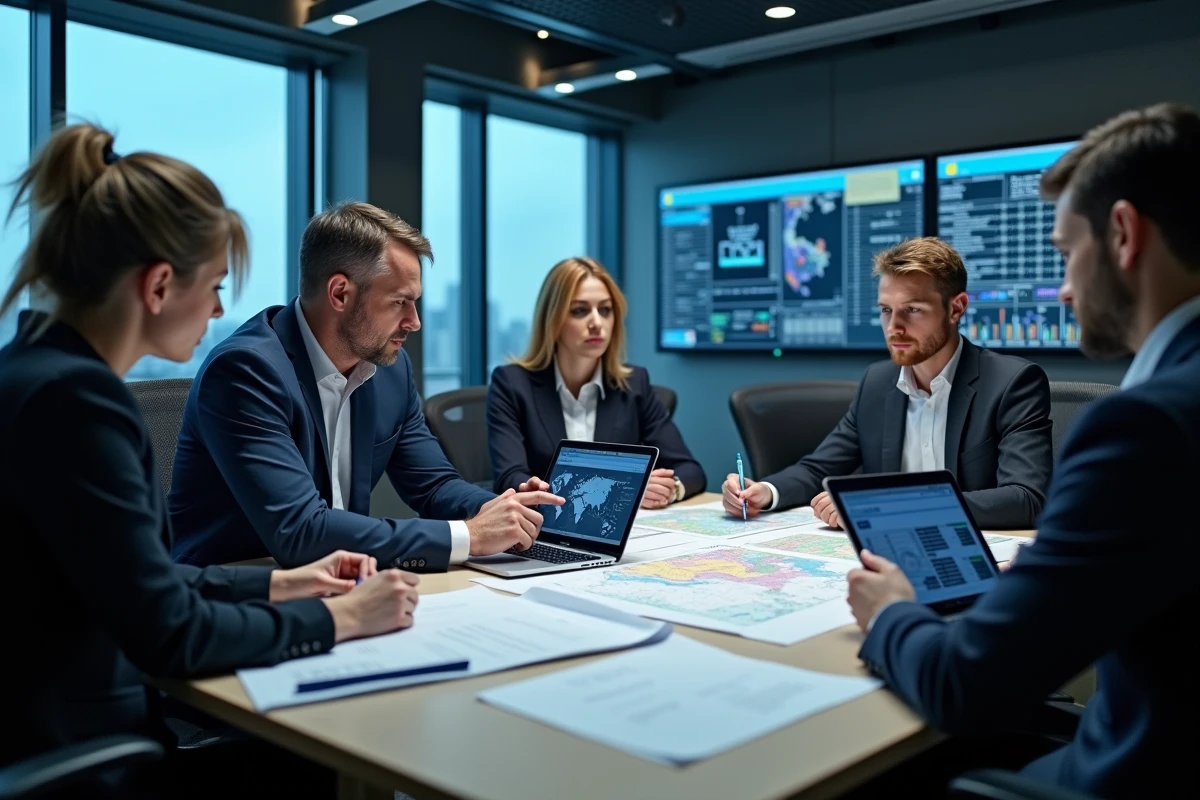 Groupe de professionnels en réunion dans une salle de contrôle moderne