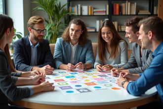 Groupe de professionnels discutant autour des 14 Ps du marketing