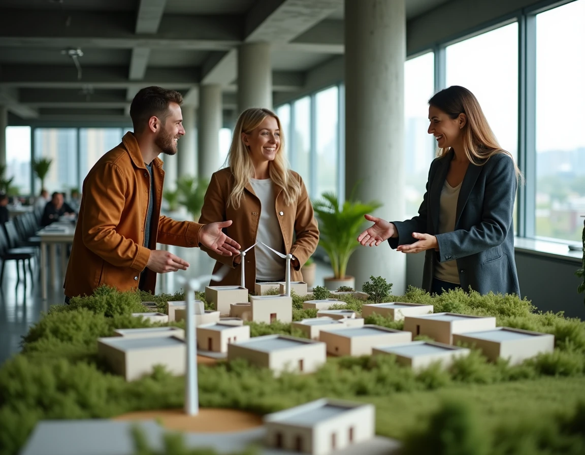 Équipe de professionnels discutant d'un modèle urbain durable lors d'une réunion sur l'innovation et les éco-industries
