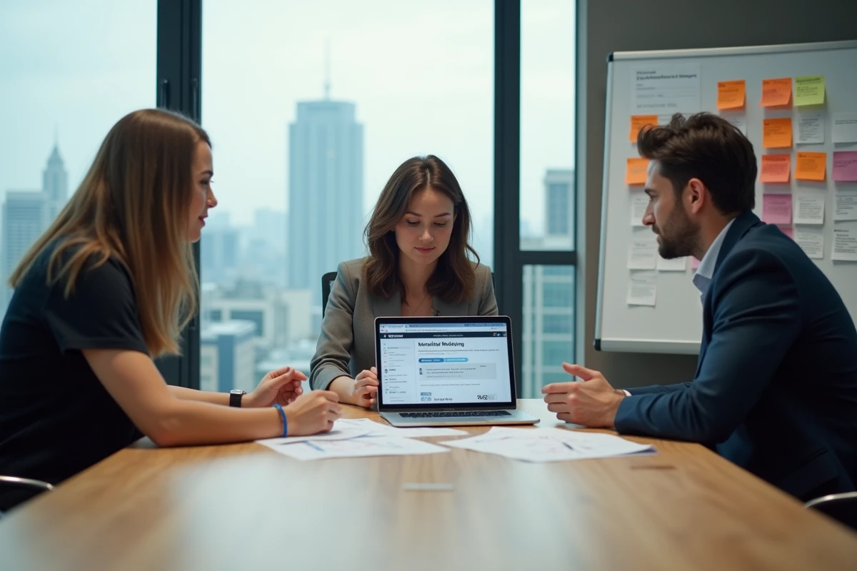 Équipe de professionnels en réunion discutant d'une stratégie marketing globale autour d'une table de conférence avec documents et ordinateur portable