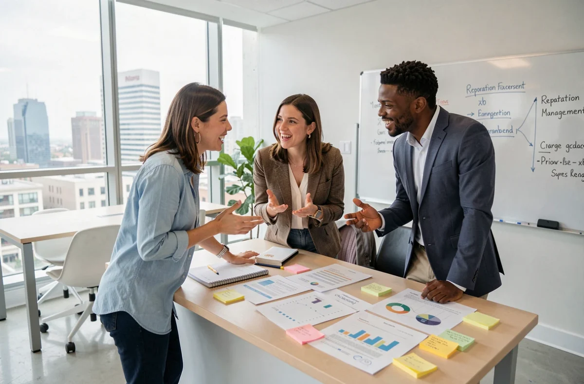 Équipe marketing collaborant sur une stratégie de gestion des avis clients et de présence en ligne