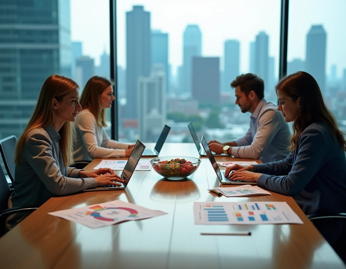Équipe marketing analysant des documents de stratégie et des données produit autour d'une table de conférence