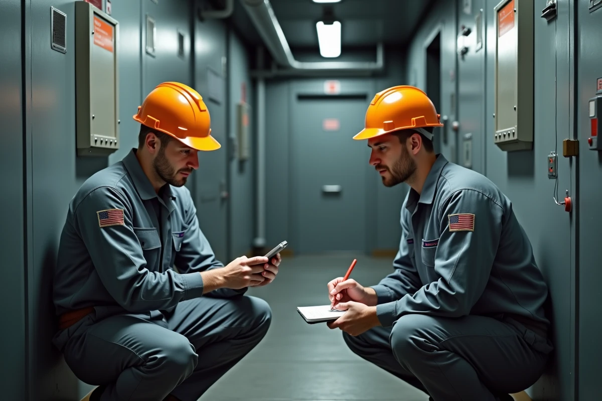 Deux techniciens de maintenance collaborant sur une intervention via une application mobile GMAO sur smartphone dans une salle technique