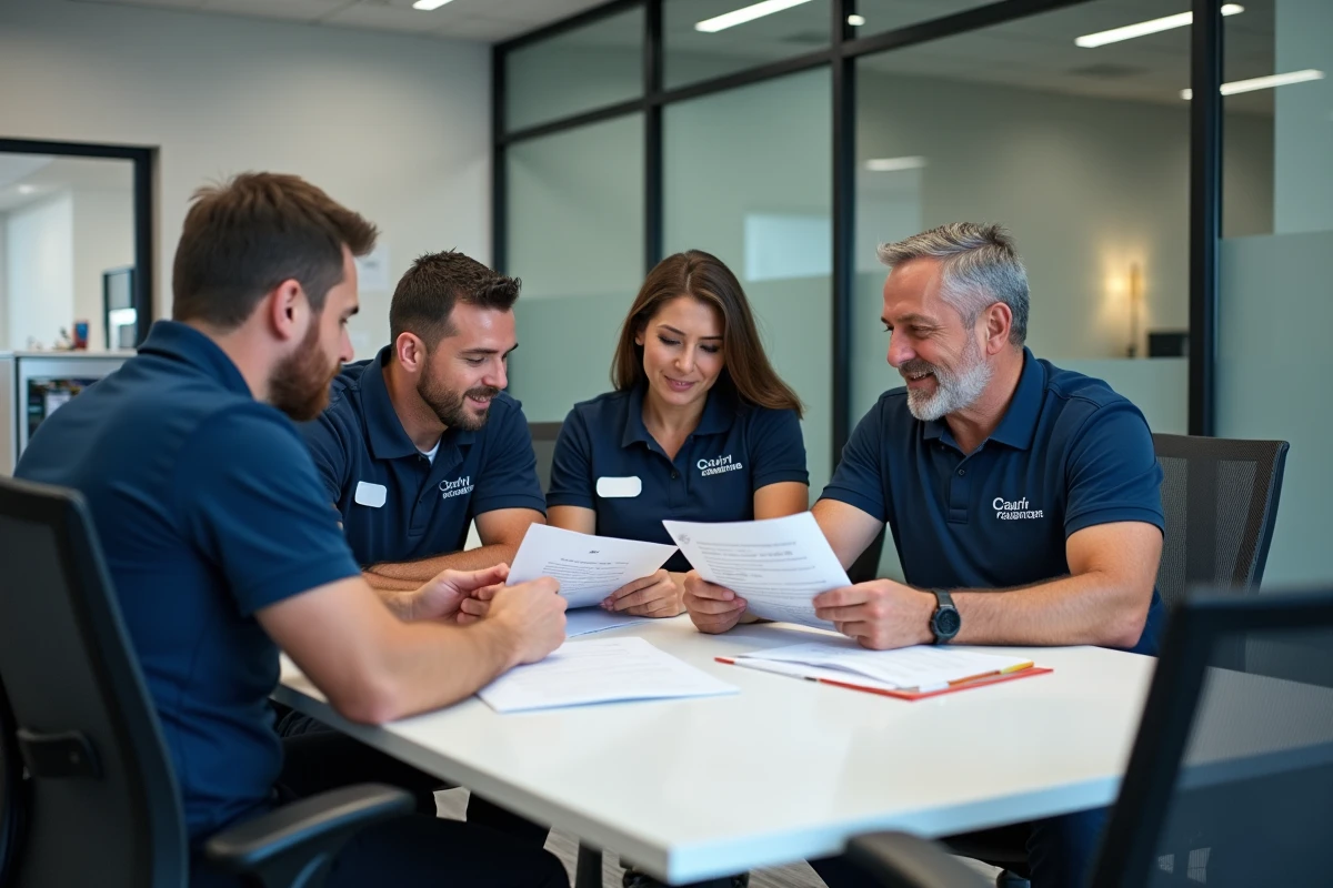 Équipe de techniciens CVC réunis autour d'une table de réunion pour discuter de leurs primes et du programme de fidélisation