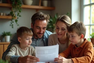 Famille française réunie autour d'une table pour consulter les avantages du comité d'entreprise GMF