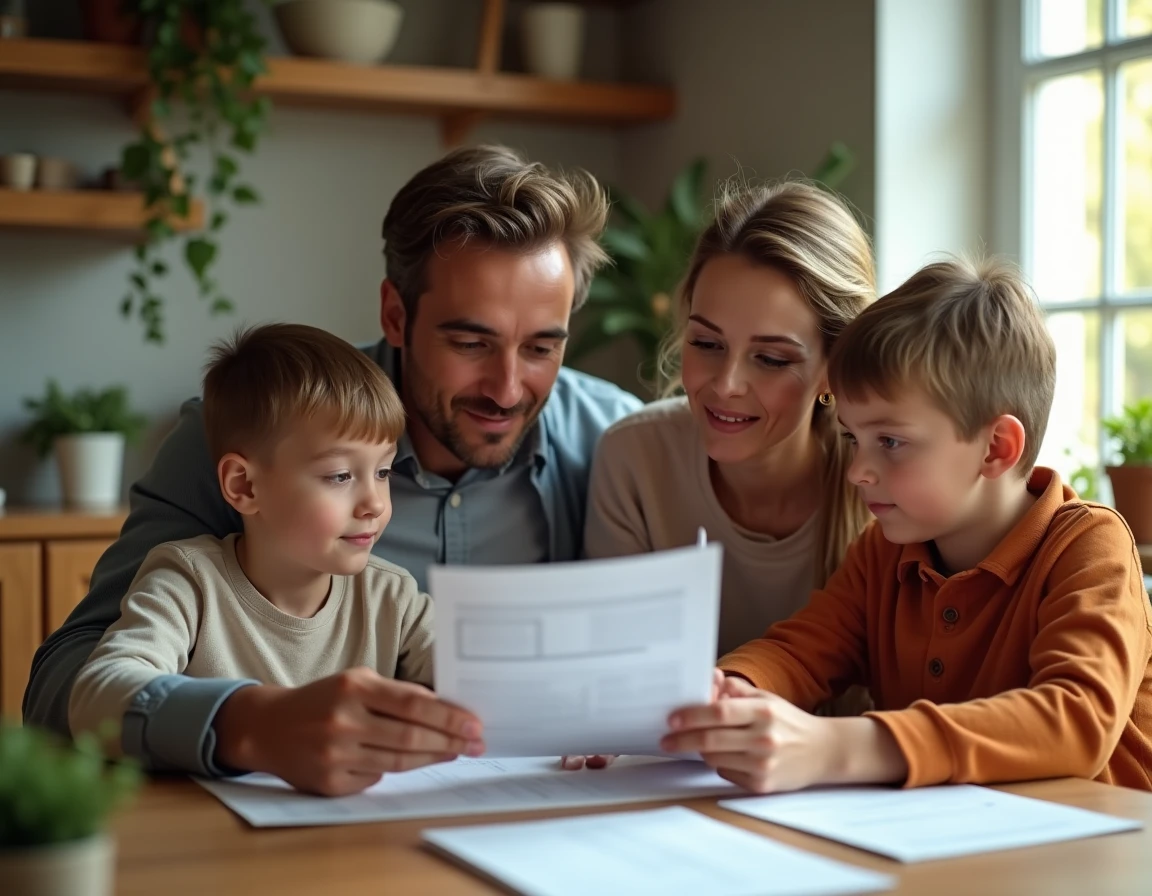 Famille française réunie autour d'une table pour consulter les avantages du comité d'entreprise GMF