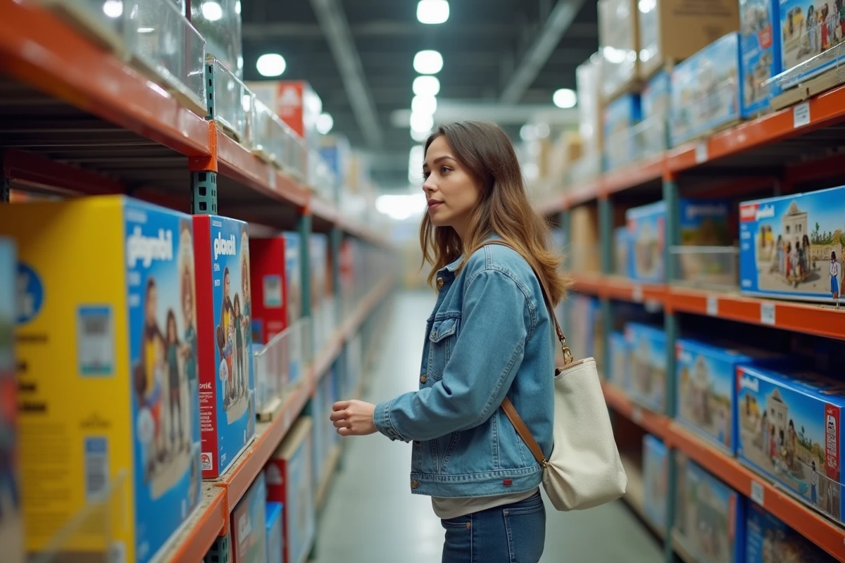 Femme faisant ses achats dans un outlet Playmobil avec des rayons remplis de boîtes colorées à prix réduit