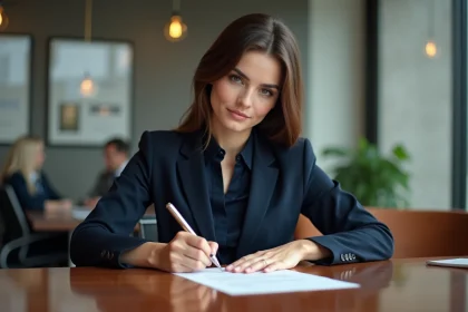 Femme d affaires signant un contrat dans un bureau moderne