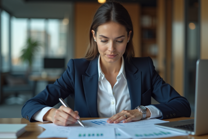 Femme d affaires en blazer bleu étudiant des documents financiers