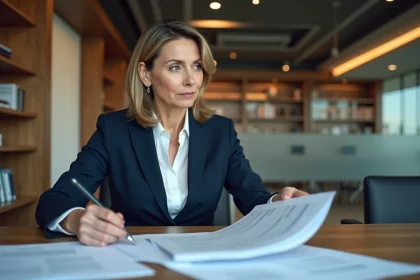 Femme d affaires en r&eacute;union avec documents financiers